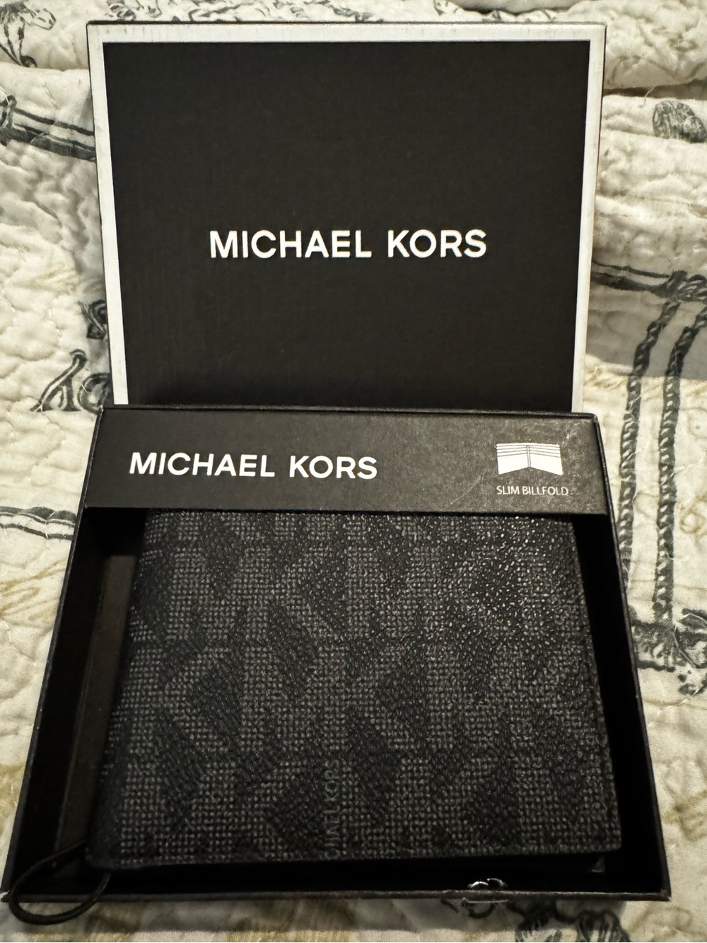 Michael Kors Men’s All Over MK Logo Print Leather Slim Billfold Wallet Black NWT